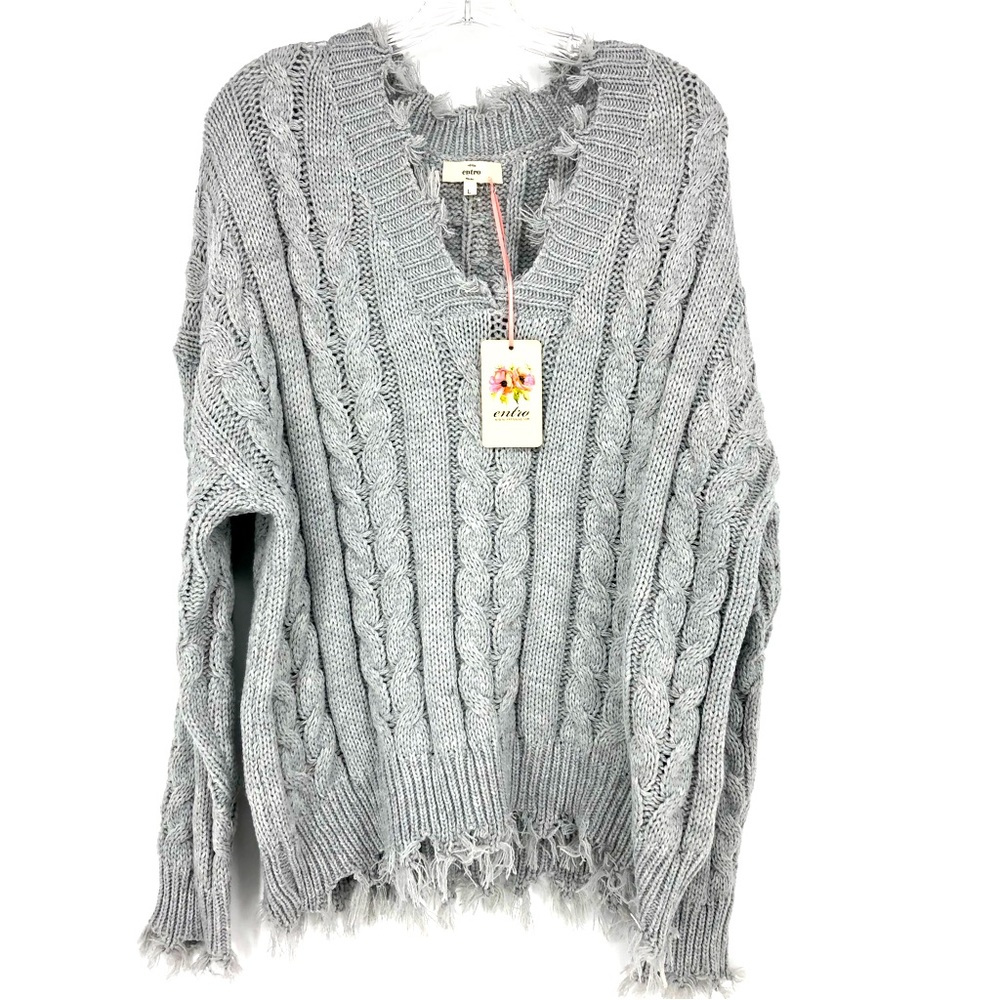 NWT Entro Gray Chunky Knit Fringed V Neck Pullover Sweater Casual Size Large